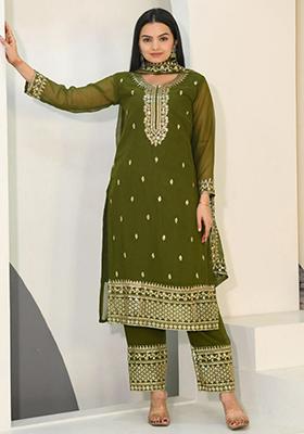 Green Embroidered Georgette Kurta Set