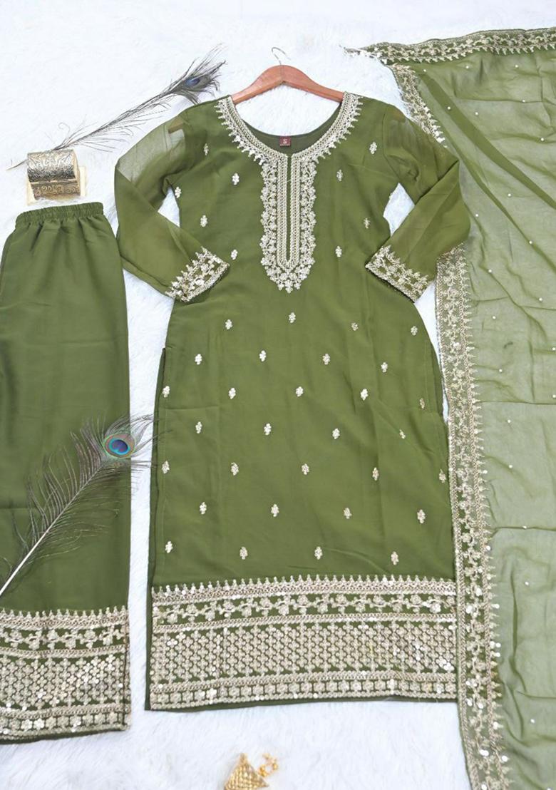 Pista Green Embroidered Organza Silk Kurta Set