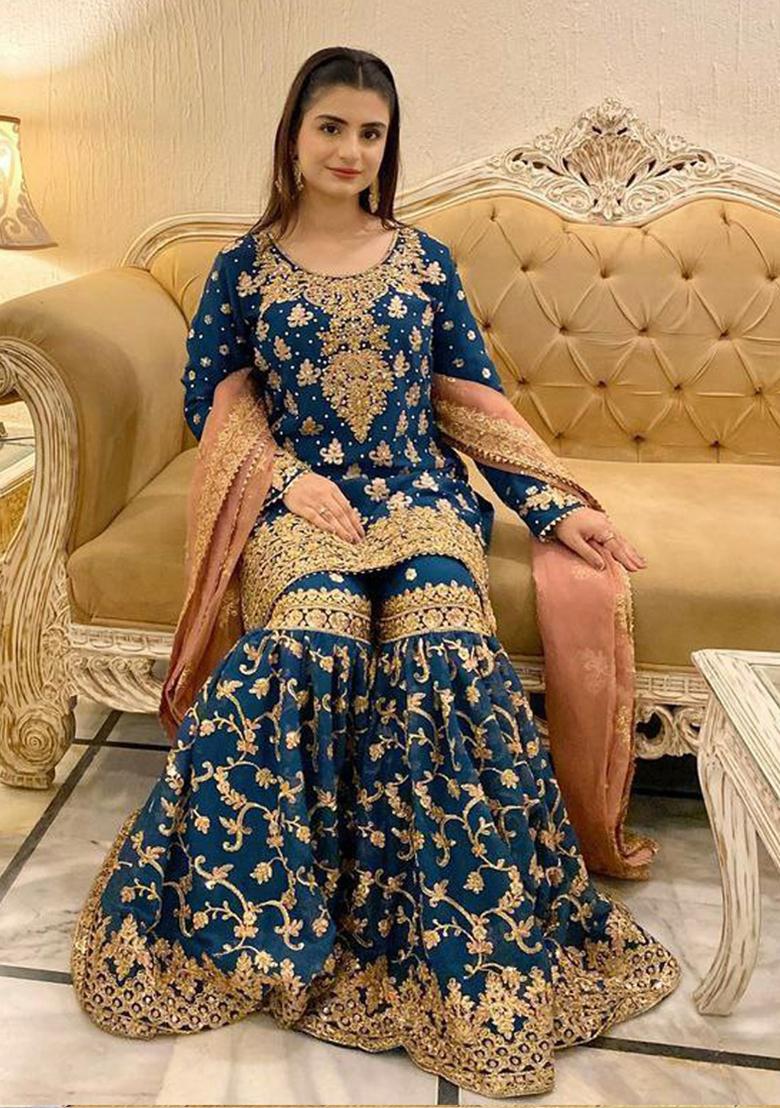 Blue Embroidered Georgette Kurta Set