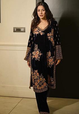 Blue Embroidered Velvet Kurta Set