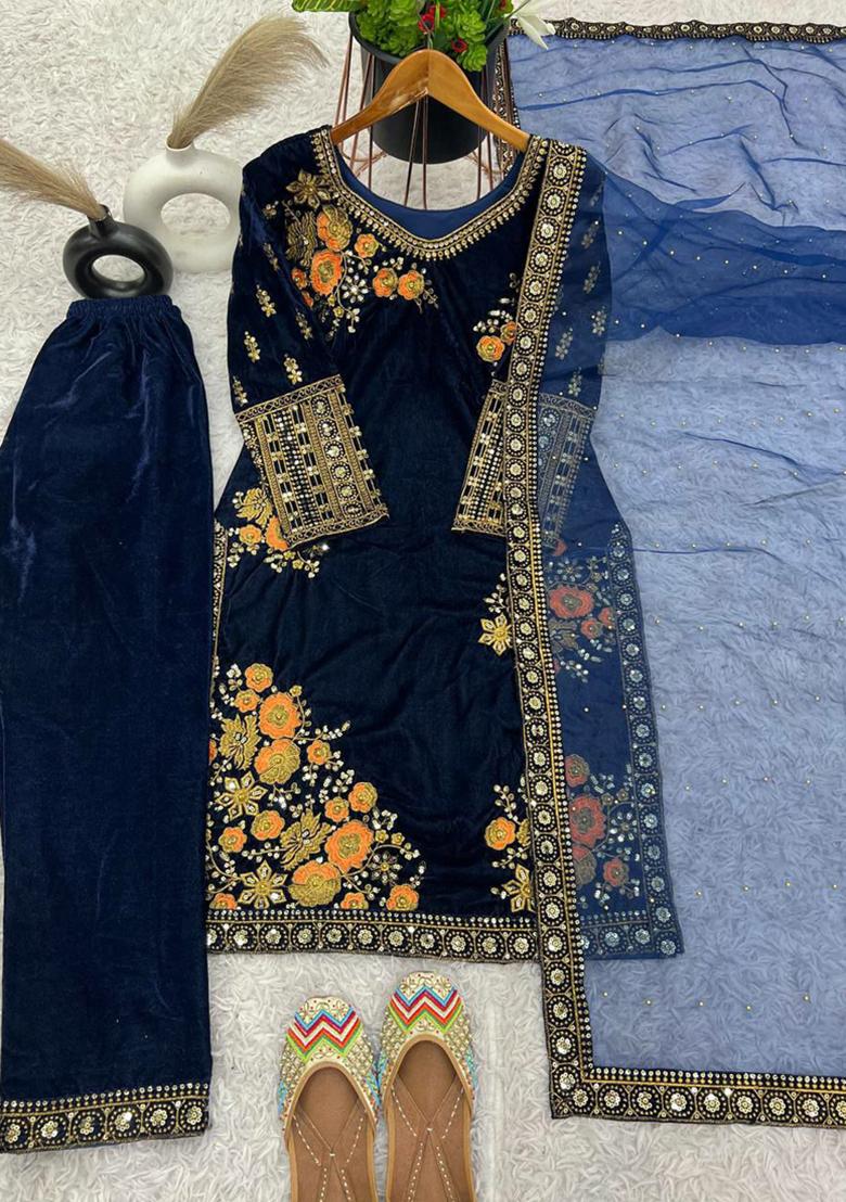 Blue Embroidered Velvet Kurta Set