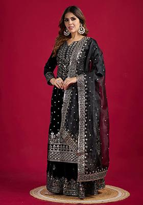 Black Embroidered Velvet Kurta Set