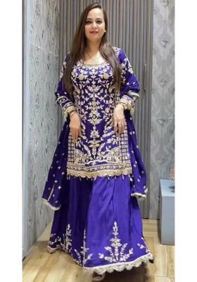 Blue Embroidered Chinon Silk Kurta Set