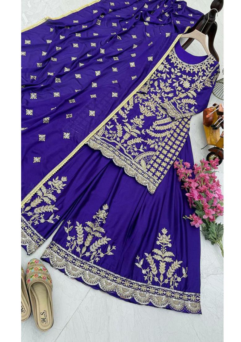 Blue Embroidered Chinon Silk Kurta Set