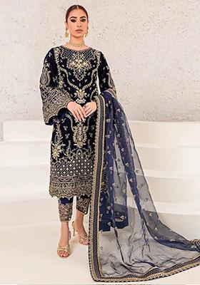 Blue Embroidered Velvet Kurta Set