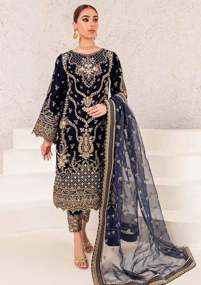 Blue Embroidered Velvet Kurta Set
