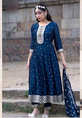 Blue Embroidered Chinon Silk Kurta Set