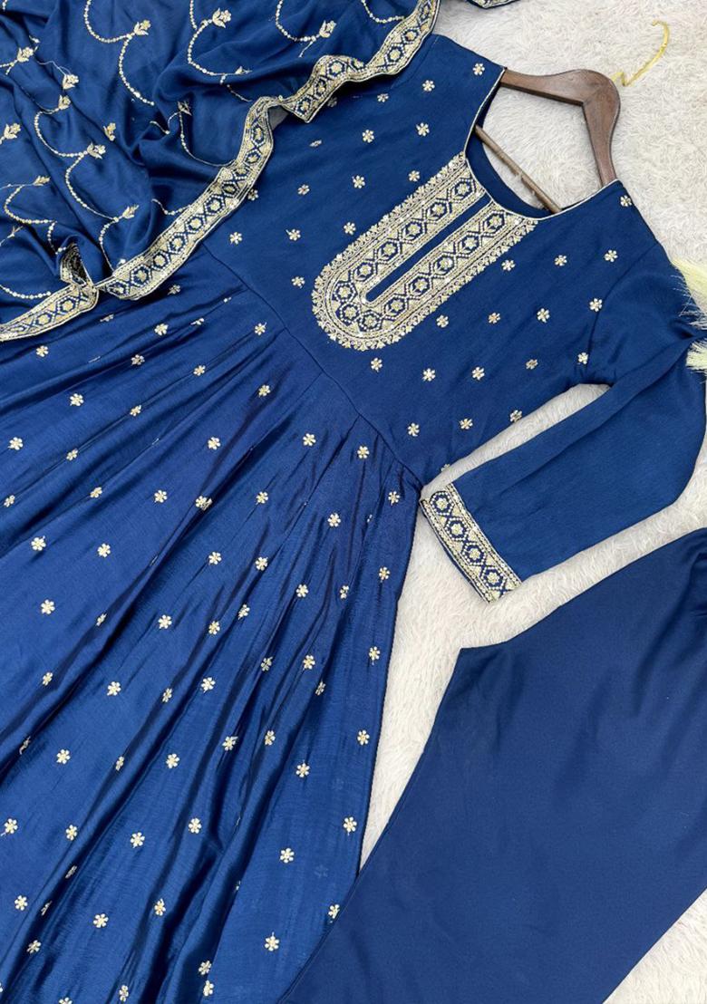 Blue Embroidered Chinon Silk Kurta Set