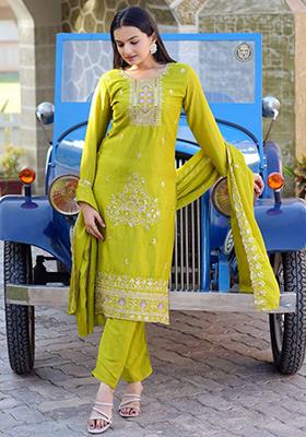 Green Embroidered Chinon Silk Kurta Set