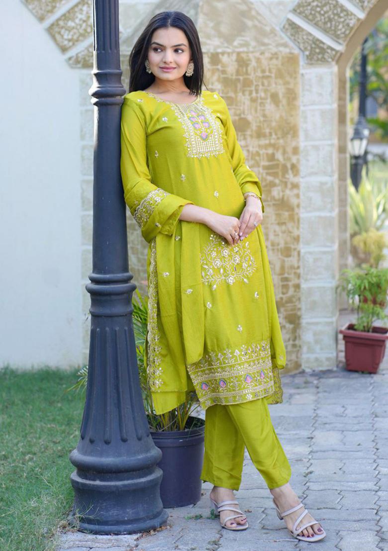 Green Embroidered Chinon Silk Kurta Set