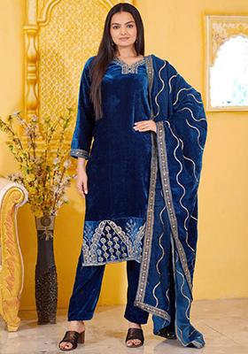Blue Embroidered Velvet Kurta Set
