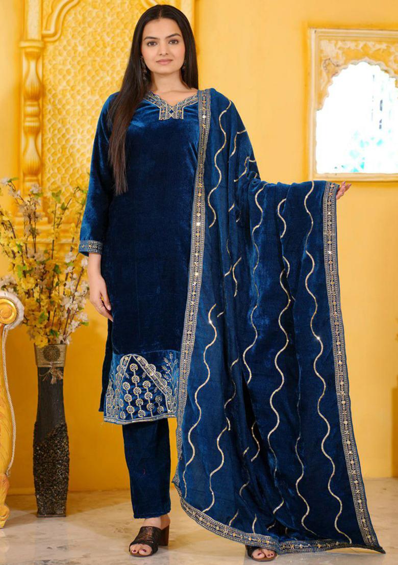 Blue Embroidered Velvet Kurta Set