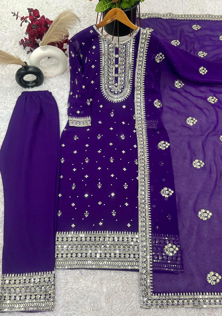 Violet Embroidered Georgette Kurta Set