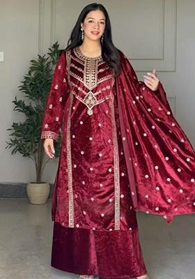 Maroon Embroidered Velvet Kurta Set