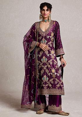 Wine Embroidered Chinon Silk Kurta Set