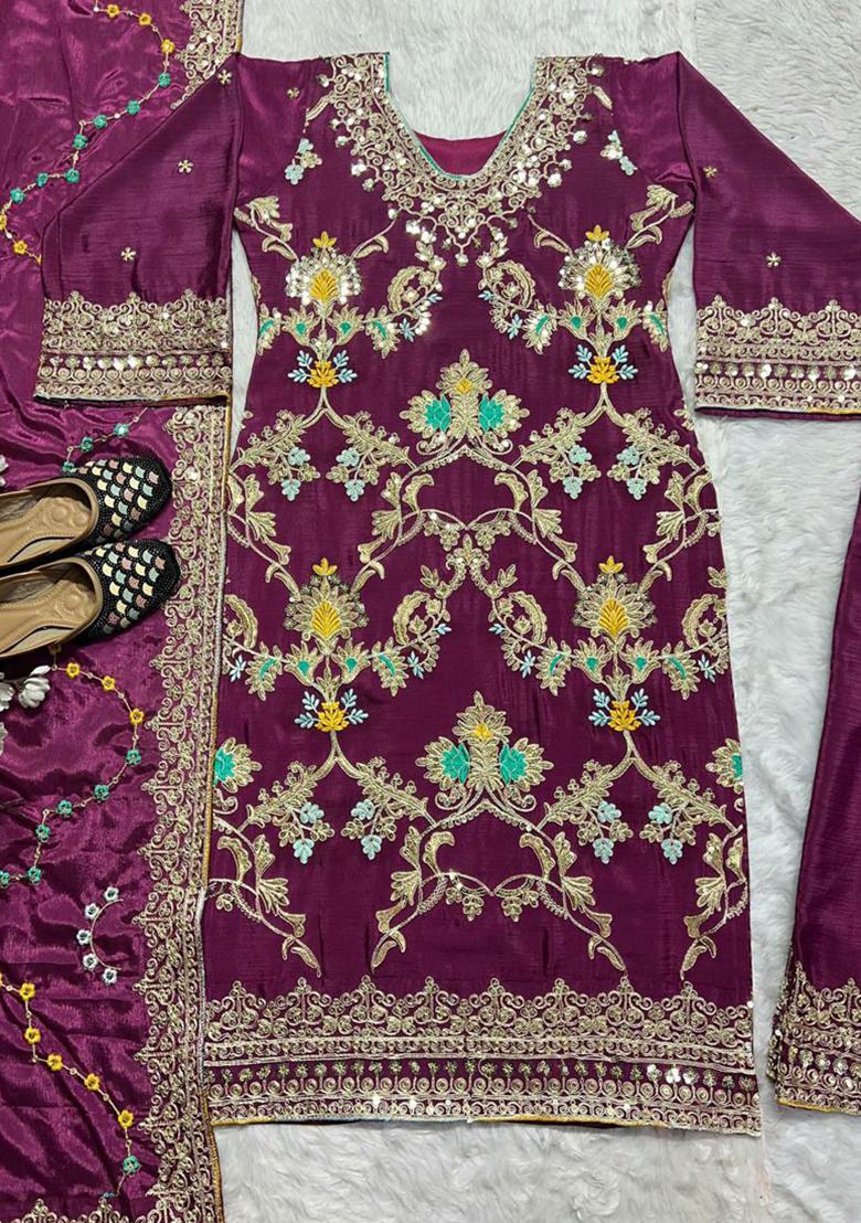 Wine Embroidered Chinon Silk Kurta Set
