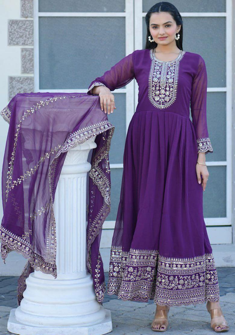 Wine Sequin Embroidered Georgette Kurta Set