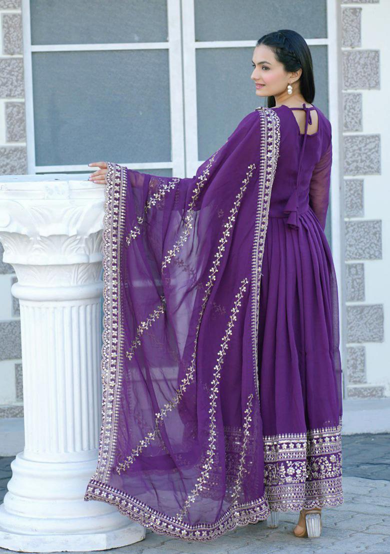 Wine Sequin Embroidered Georgette Kurta Set