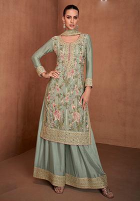 Aqua Green Embroidered Georgette Kurta Set