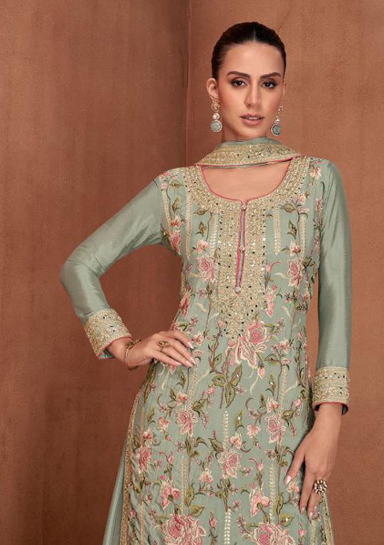 Aqua Green Embroidered Georgette Kurta Set