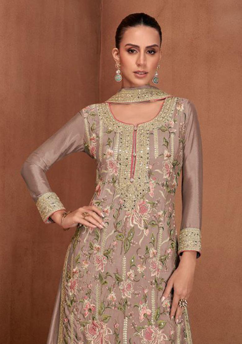 Peach Embroidered Georgette Kurta Set