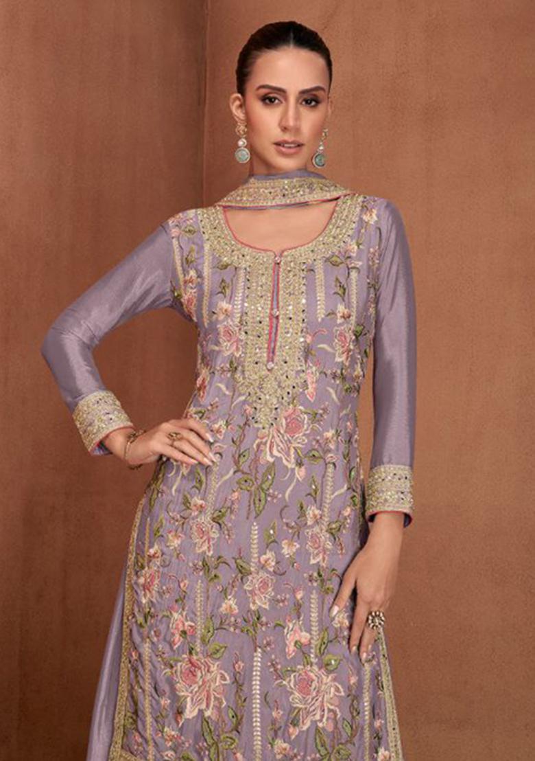 Lavender Embroidered Georgette Kurta Set