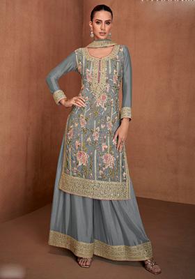 Grey Embroidered Georgette Kurta Set
