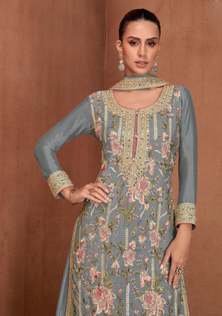 Grey Embroidered Georgette Kurta Set