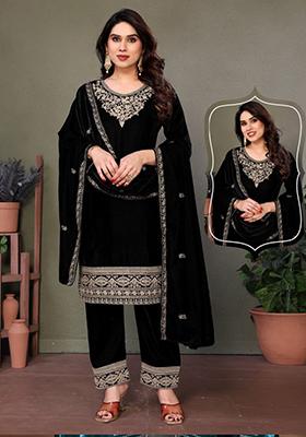 Black Embroidered Velvet Kurta Set