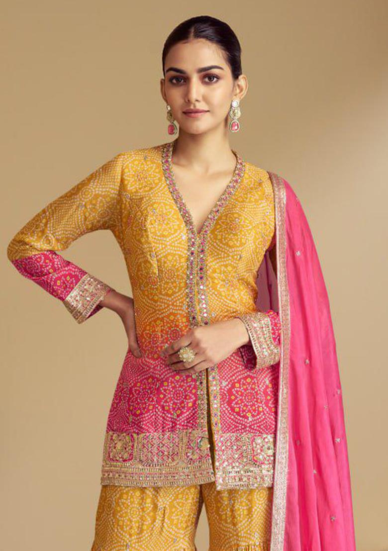 Yellow Embroidered Chinon Silk Kurta Set