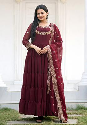 Maroon Embroidered Georgette Kurta Set