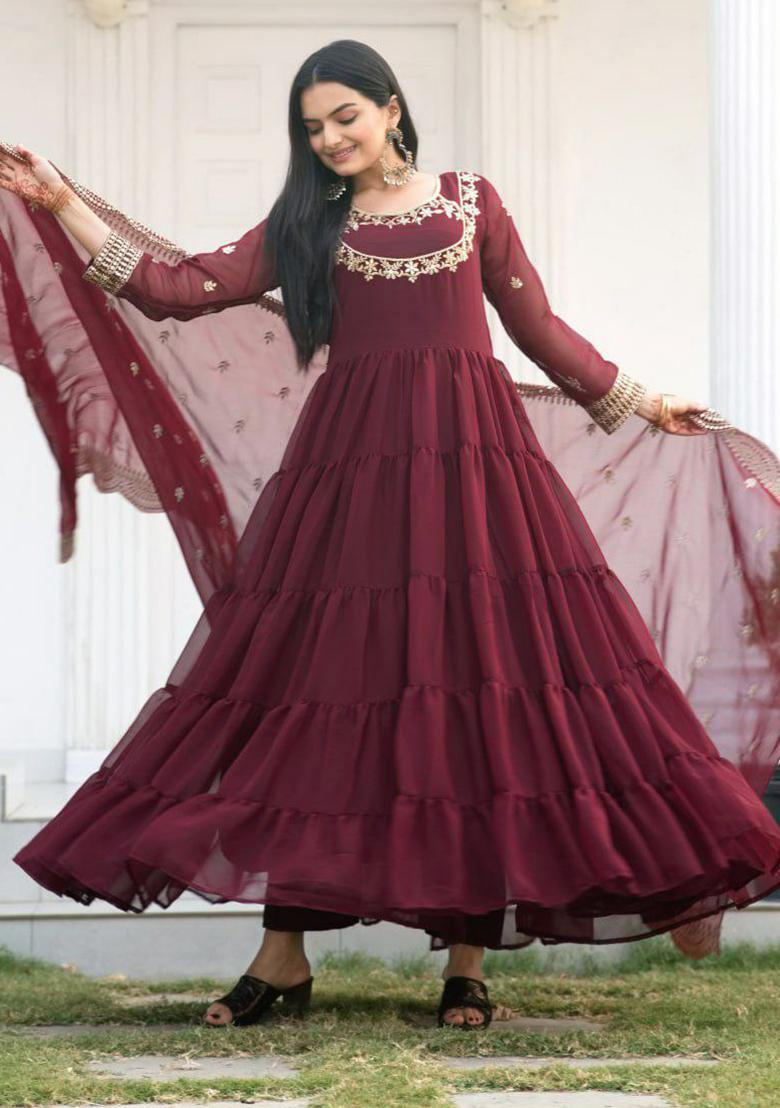 Maroon Embroidered Georgette Kurta Set