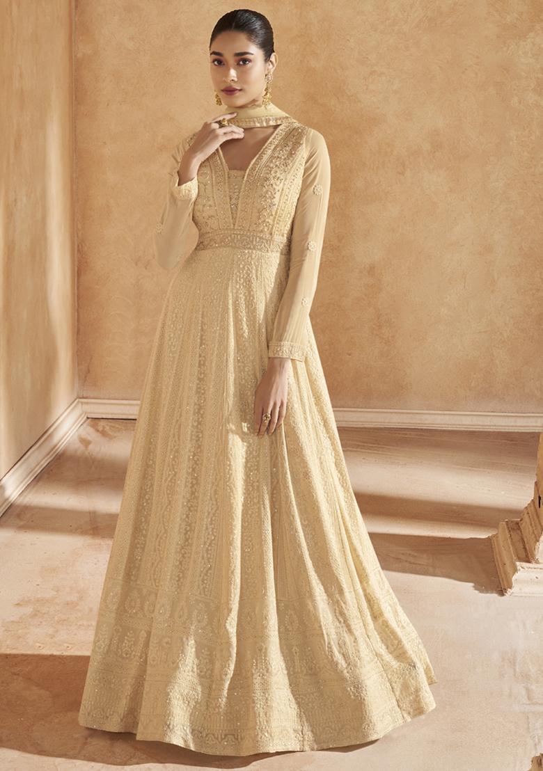 Beige Sequin Embroidered Georgette Kurta Set