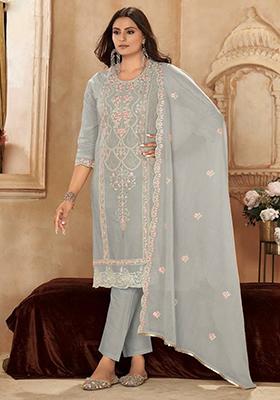 Grey Embroidered Cotton Kurta Set