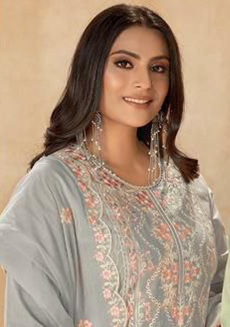 Grey Embroidered Cotton Kurta Set