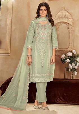 Pista Green Embroidered Cotton Kurta Set