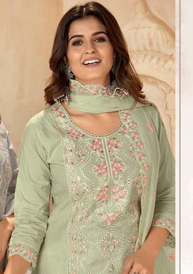 Pista Green Embroidered Cotton Kurta Set
