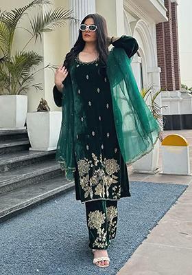 Green Embroidered Velvet Kurta Set