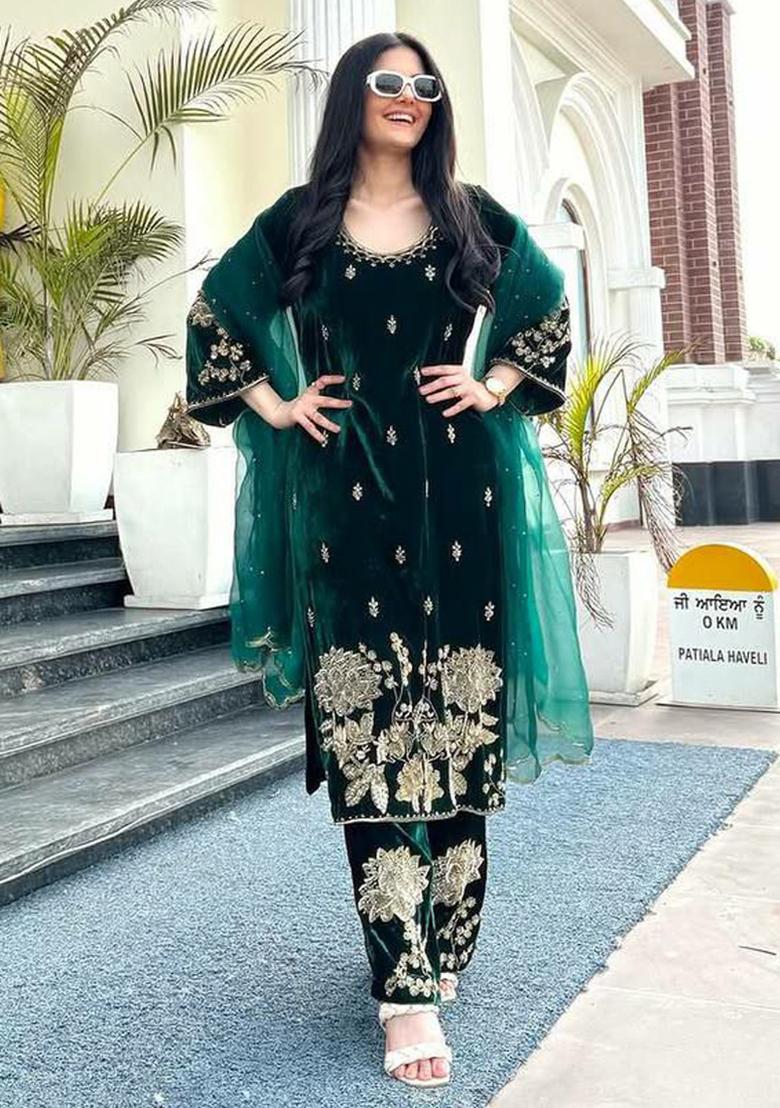 Green Embroidered Velvet Kurta Set