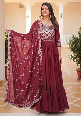 Maroon Embroidered Georgette Anarkali Set