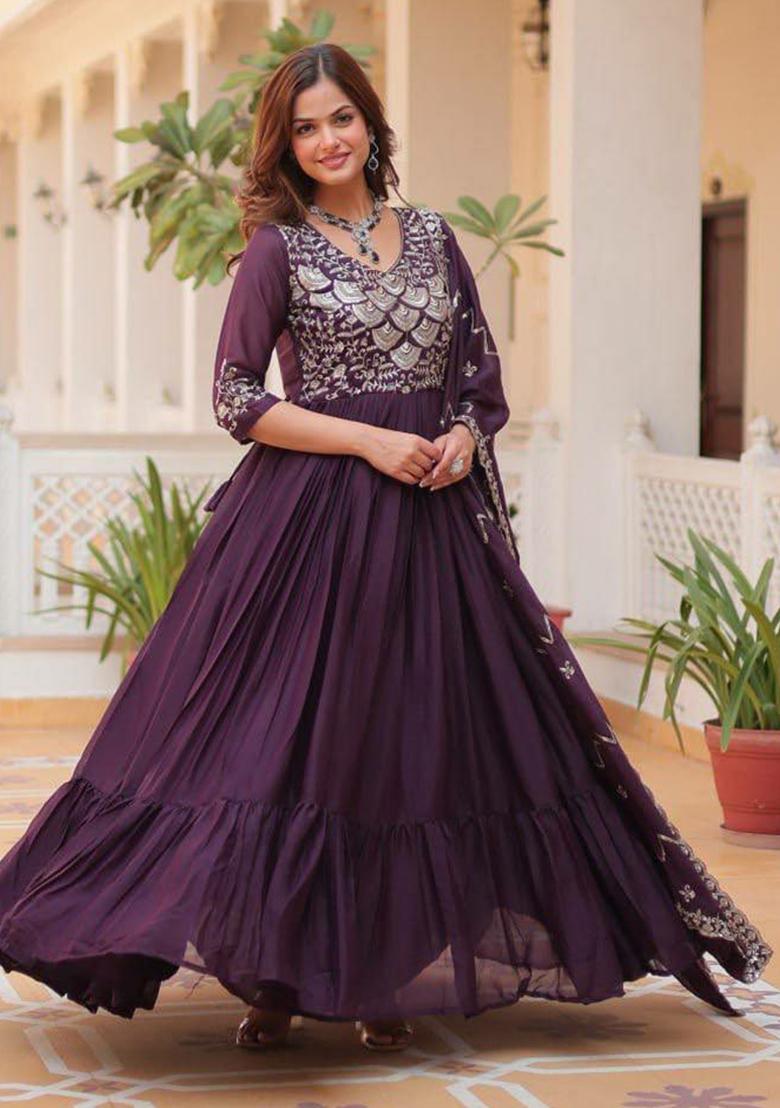 Violet Embroidered Georgette Anarkali Set