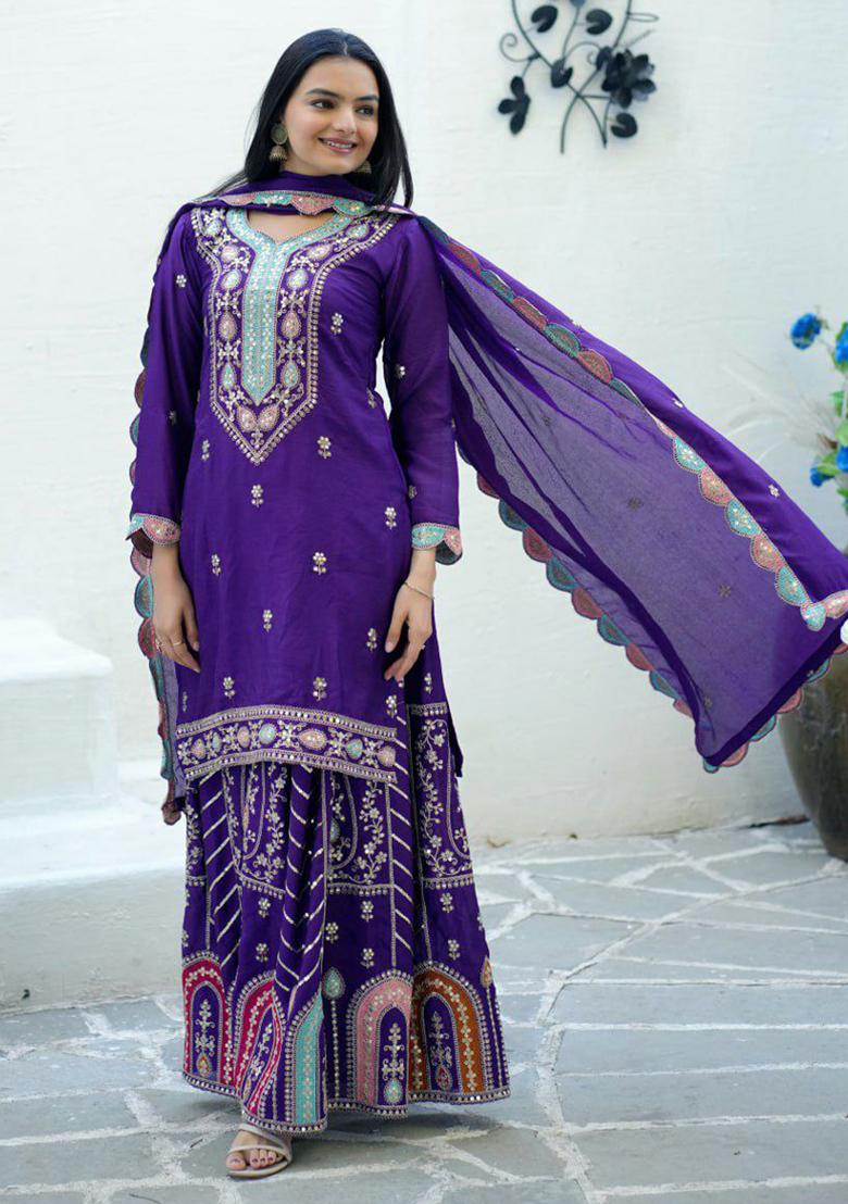 Violet Embroidered Silk Kurta Set