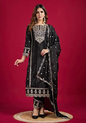 Black Embroidered Chinon Silk Kurta Set