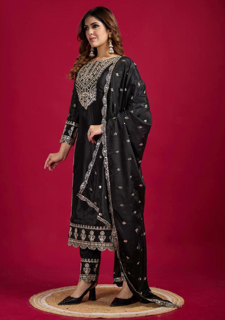 Black Embroidered Chinon Silk Kurta Set