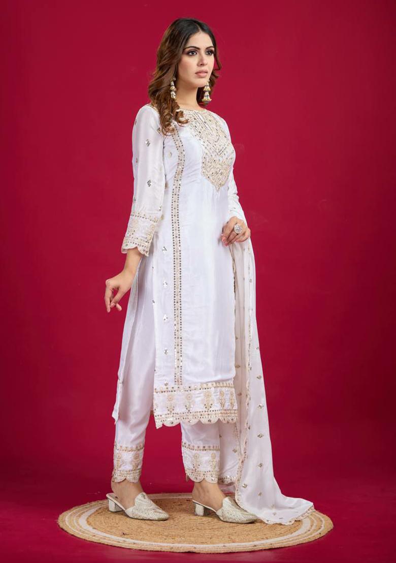 White Embroidered Chinon Silk Kurta Set
