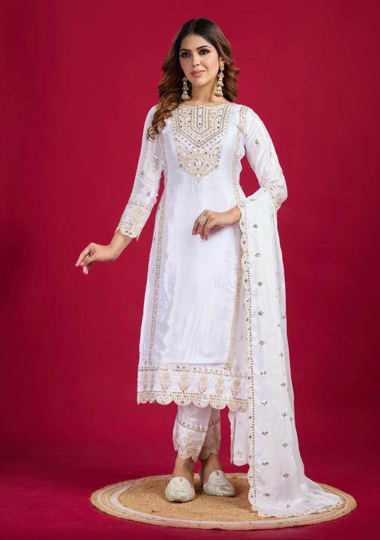 White Embroidered Chinon Silk Kurta Set