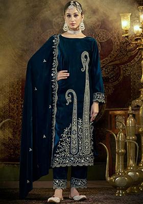 Blue Embroidered Velvet Kurta Set