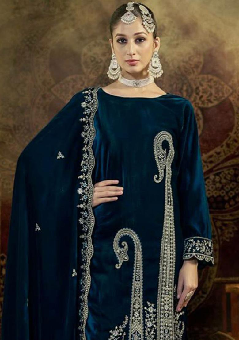 Blue Embroidered Velvet Kurta Set