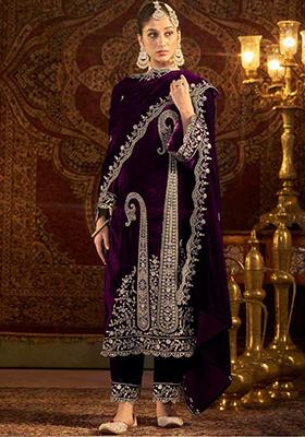 Wine Embroidered Velvet Kurta Set