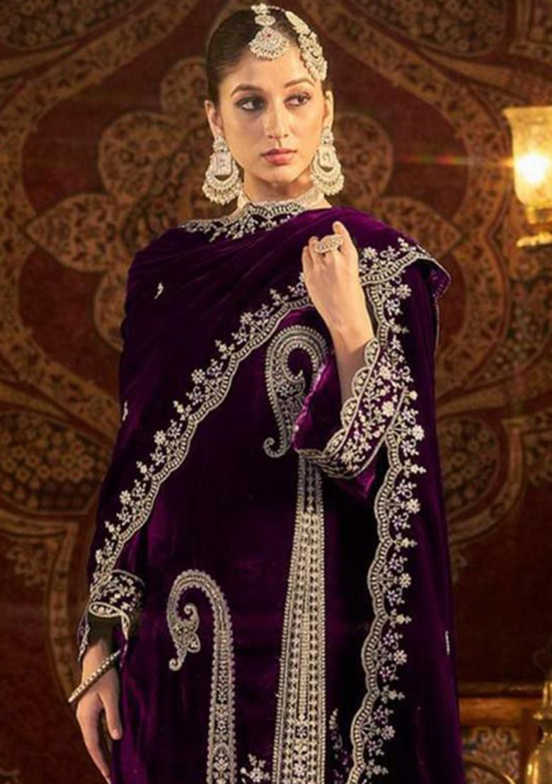 Wine Embroidered Velvet Kurta Set
